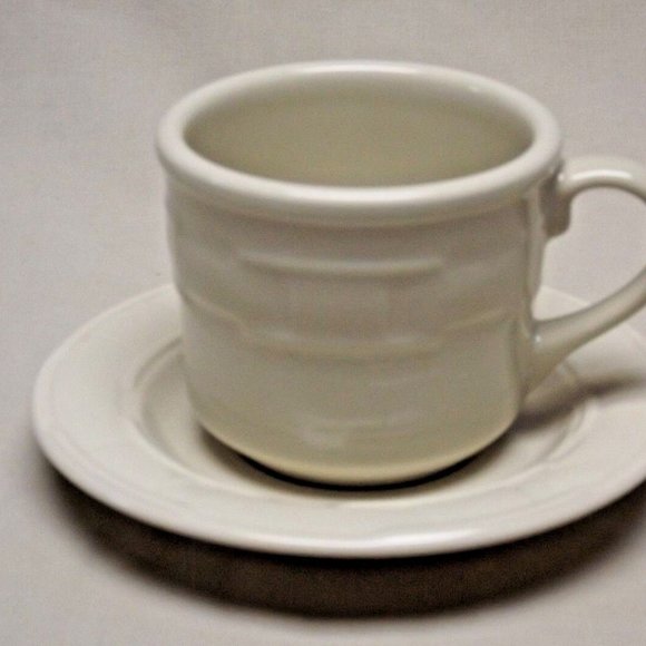 Longaberger Pottery Woven Traditions Heirloom Ivory Cup and Saucer U.S.A. - Picture 2 of 2